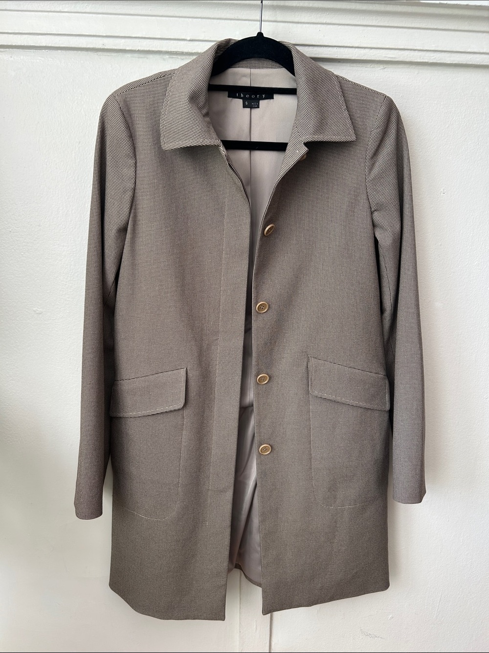 Theory Sunny Brown Houndstooth Hidden Button Down Coat Blazer Small
